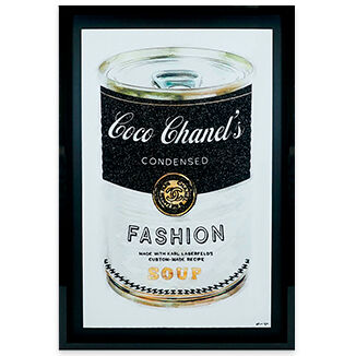Wall art of a fashion-inspired art pop soup can with black glitter